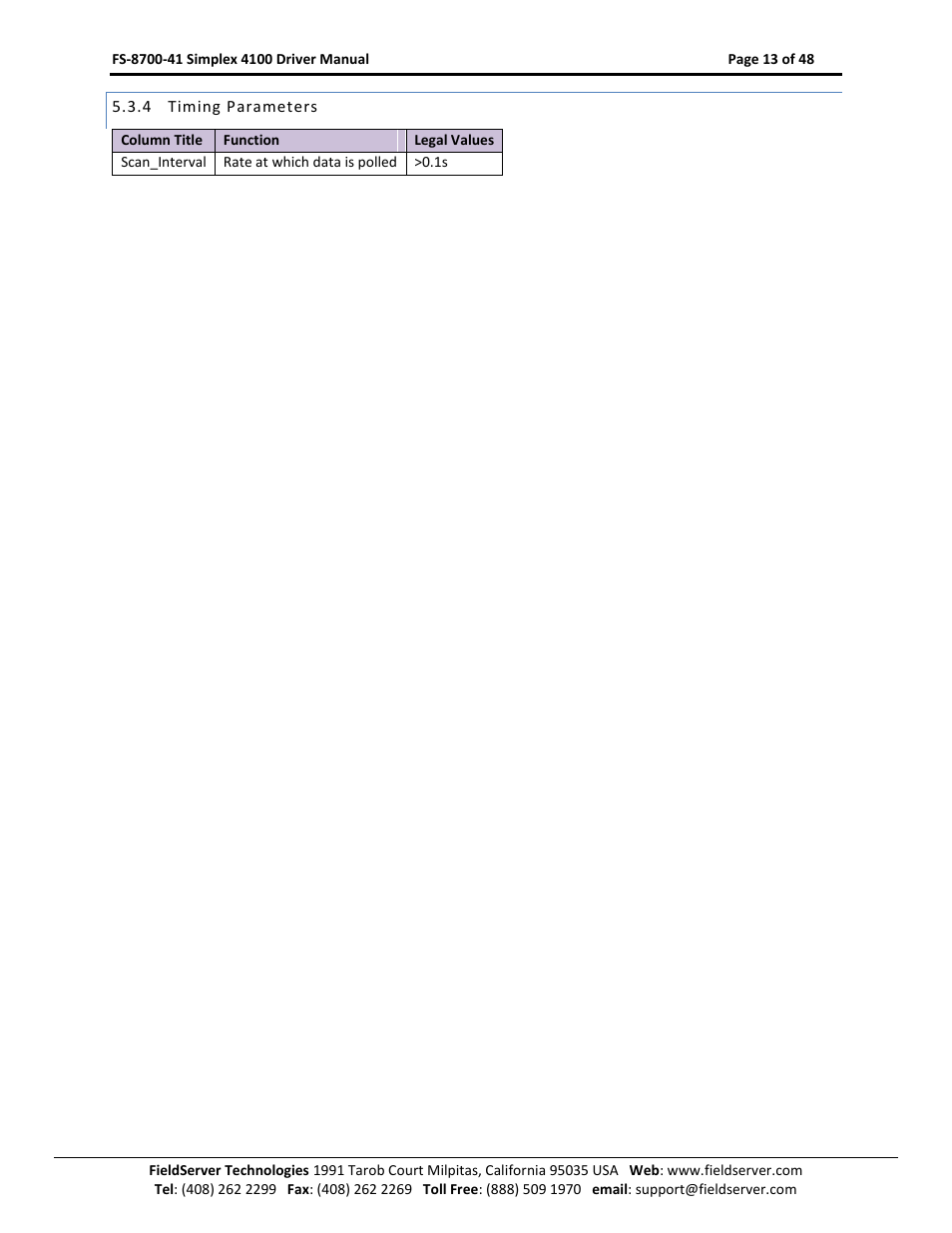 Timing parameters | FieldServer FS-8700-41 User Manual | Page 13 / 48