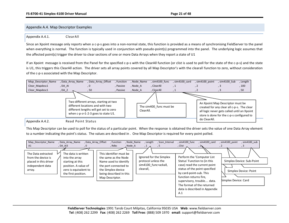 Appendix a.4. map descriptor examples, Appendix a.4.1, Clearall | Appendix a.4.2, Read point status | FieldServer FS-8700-41 User Manual | Page 21 / 48