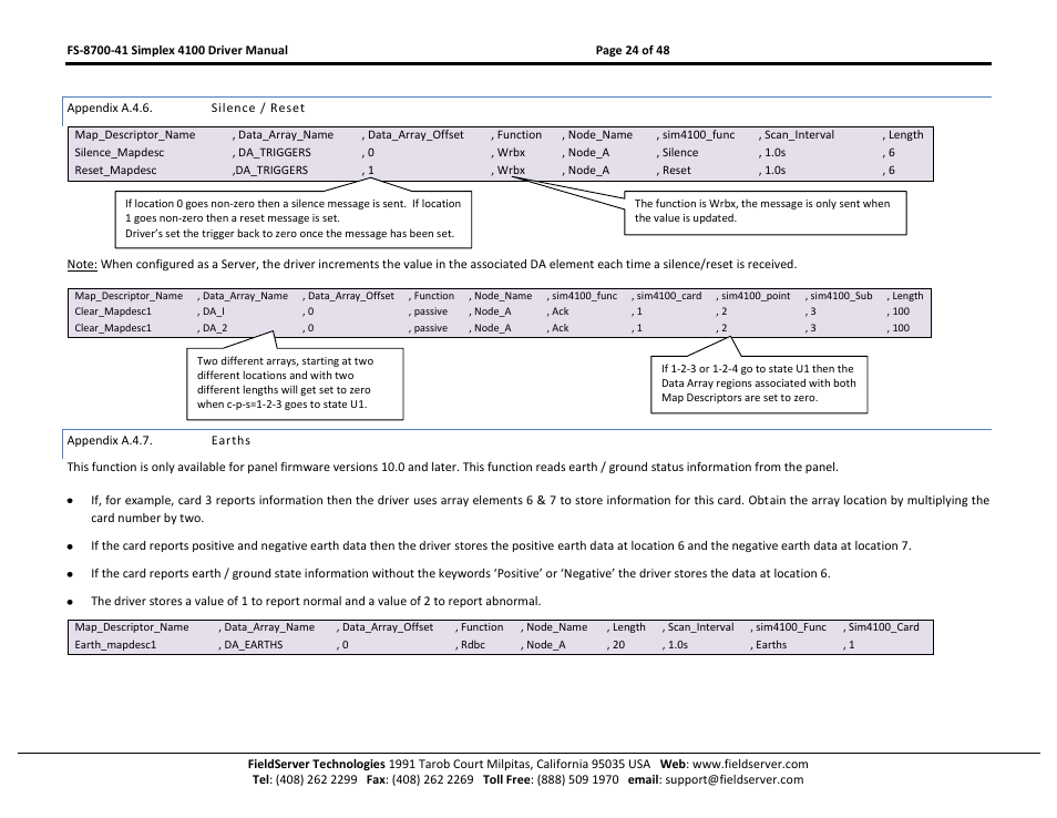 Appendix a.4.6, Silence / reset, Appendix a.4.7 | Earths | FieldServer FS-8700-41 User Manual | Page 24 / 48