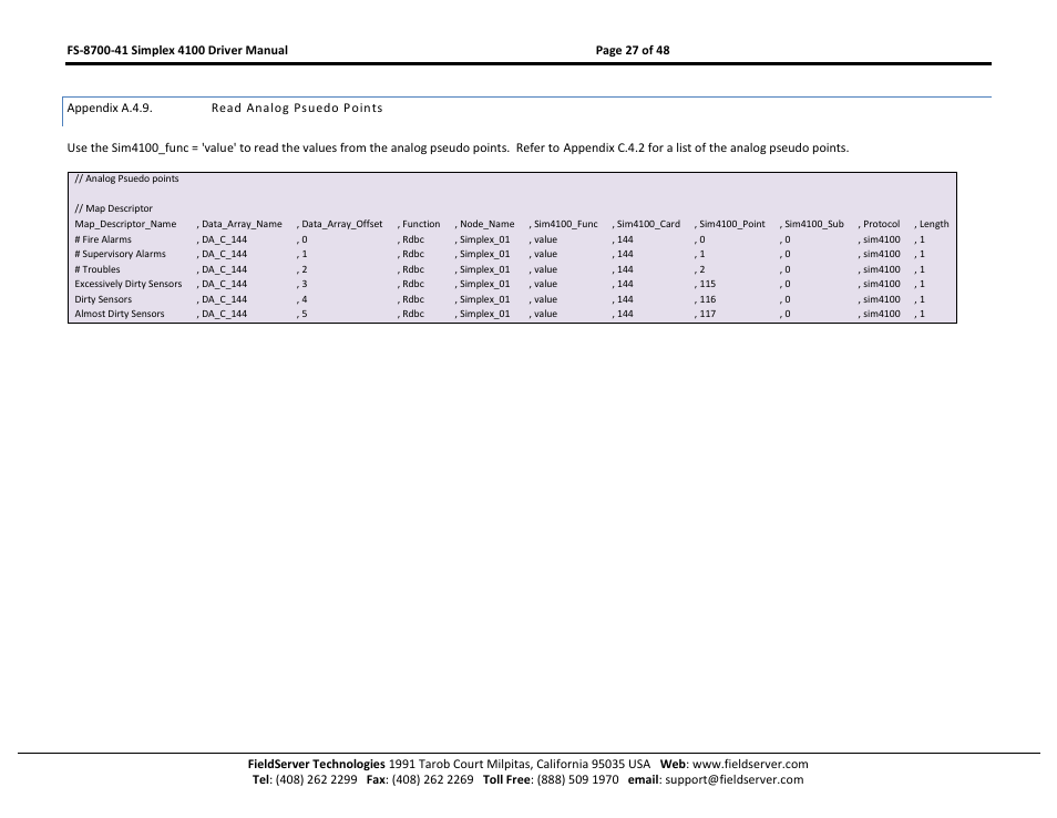 Appendix a.4.9, Read analog psuedo points | FieldServer FS-8700-41 User Manual | Page 27 / 48