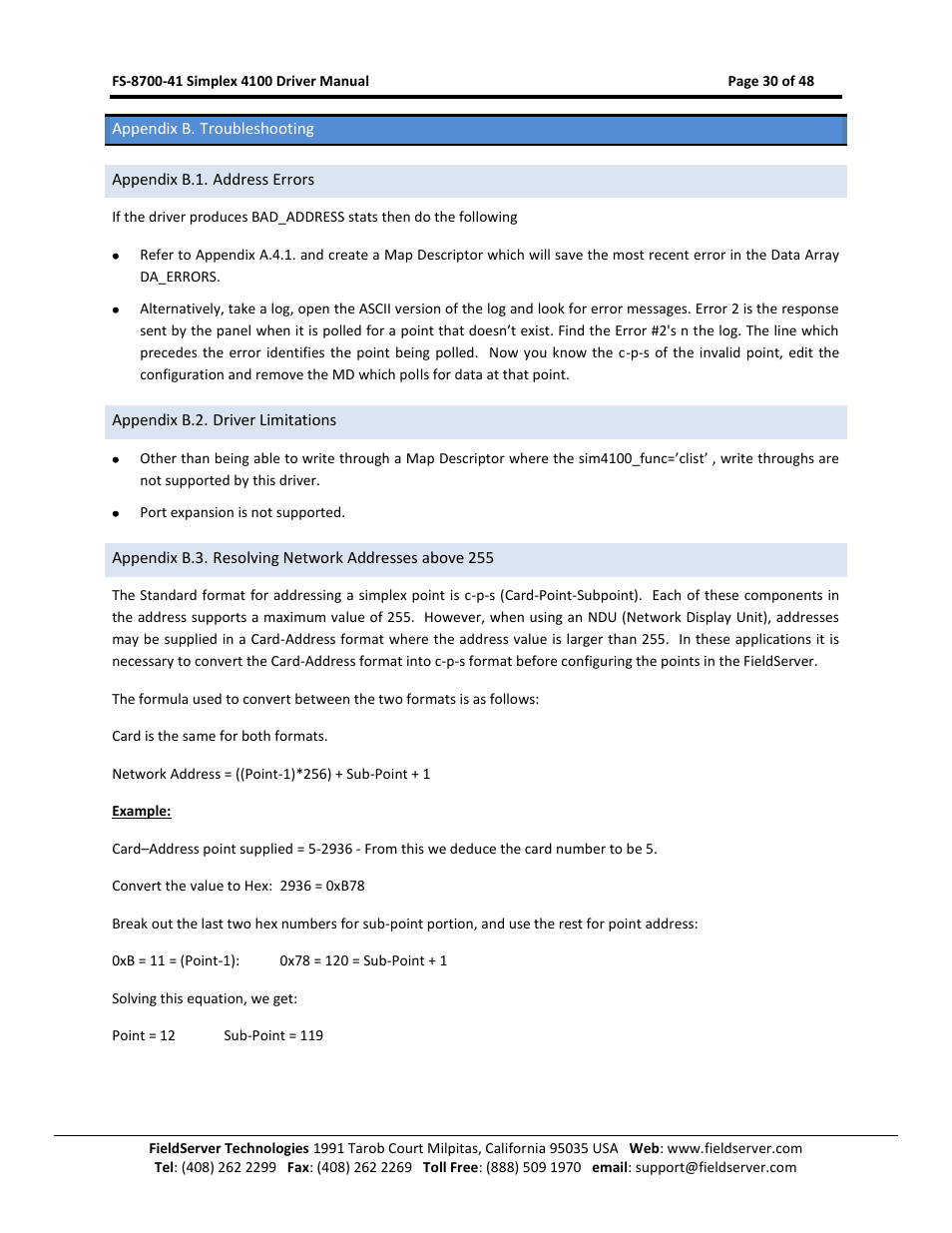 Appendix b. troubleshooting, Appendix b.1. address errors, Appendix b.2. driver limitations | FieldServer FS-8700-41 User Manual | Page 30 / 48