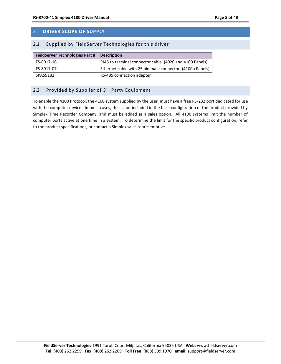 Driver scope of supply, Provided by supplier of 3, Party equipment | FieldServer FS-8700-41 User Manual | Page 5 / 48