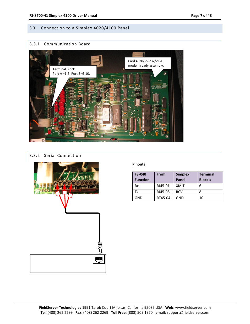 Connection to a simplex 4020/4100 panel, Communication board, Serial connection | FieldServer FS-8700-41 User Manual | Page 7 / 48