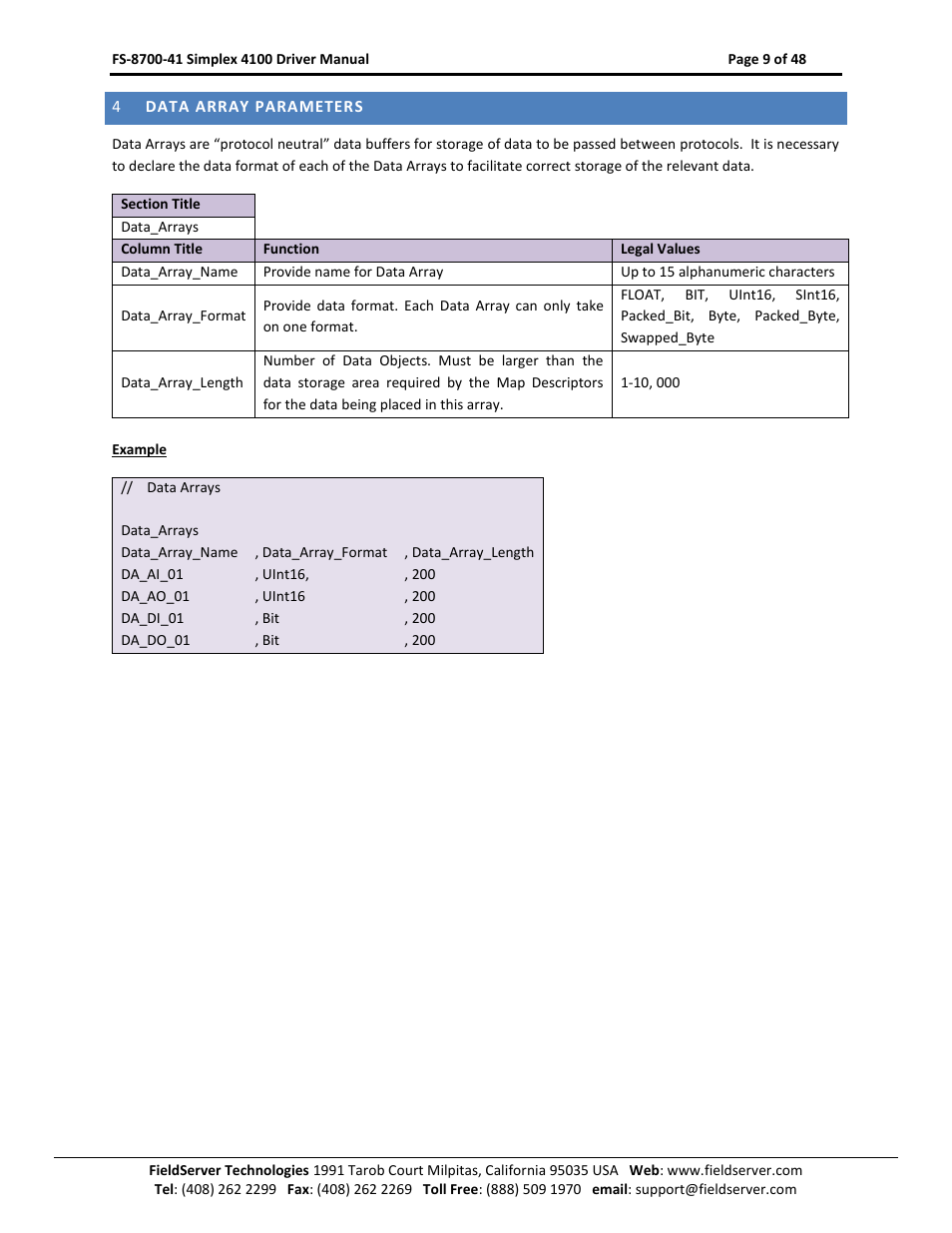 Data array parameters | FieldServer FS-8700-41 User Manual | Page 9 / 48
