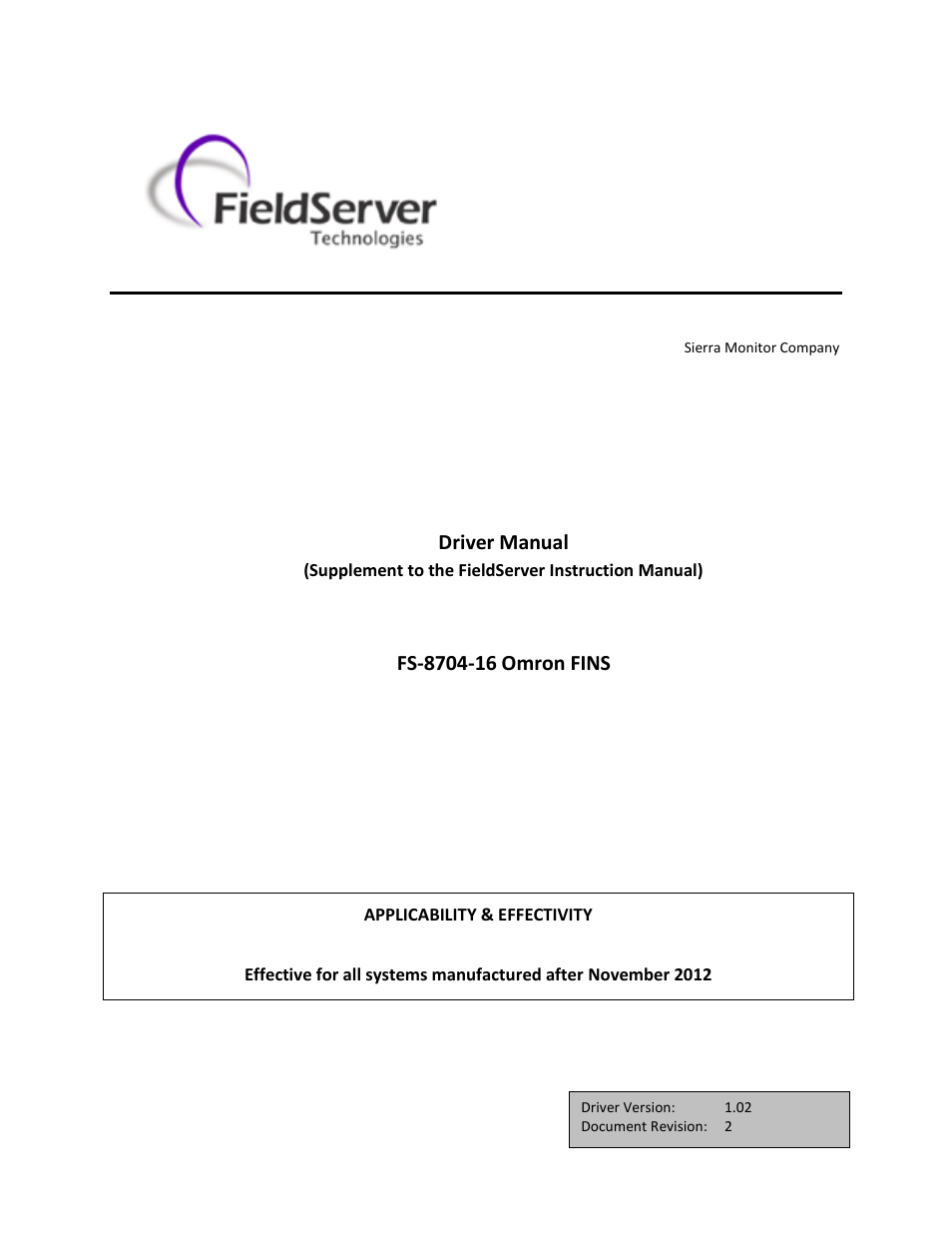 FieldServer Omron FINS FS-8704-16 User Manual | 38 pages