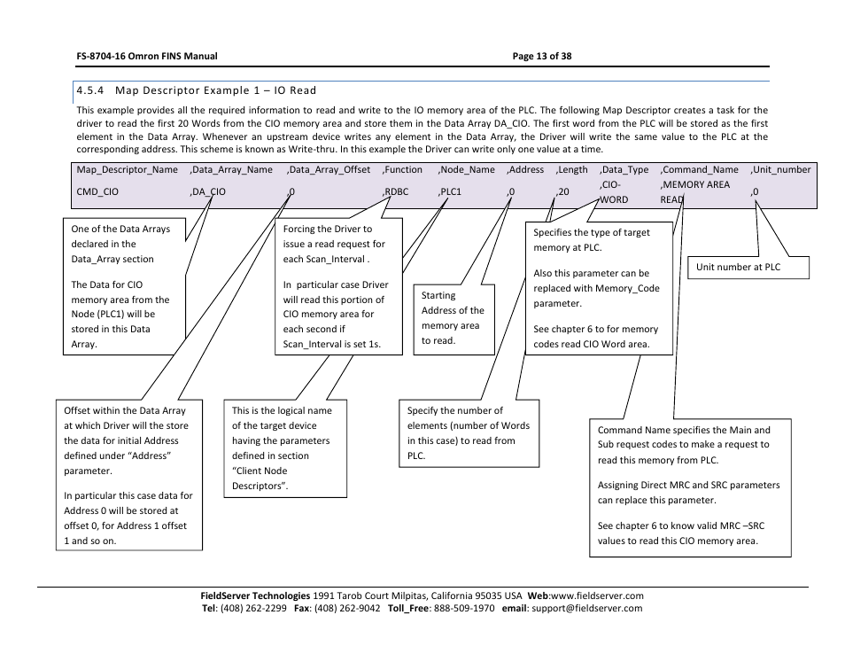 Map descriptor example 1 – io read | FieldServer Omron FINS FS-8704-16 User Manual | Page 13 / 38