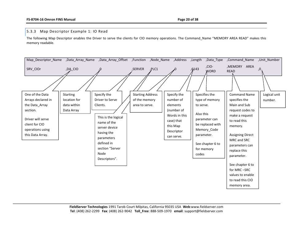 Map descriptor example 1: io read | FieldServer Omron FINS FS-8704-16 User Manual | Page 20 / 38