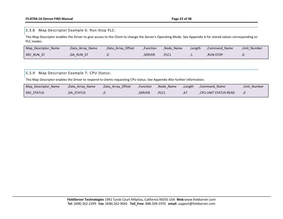 Map descriptor example 6: run-stop plc, Map descriptor example 7: cpu status | FieldServer Omron FINS FS-8704-16 User Manual | Page 22 / 38
