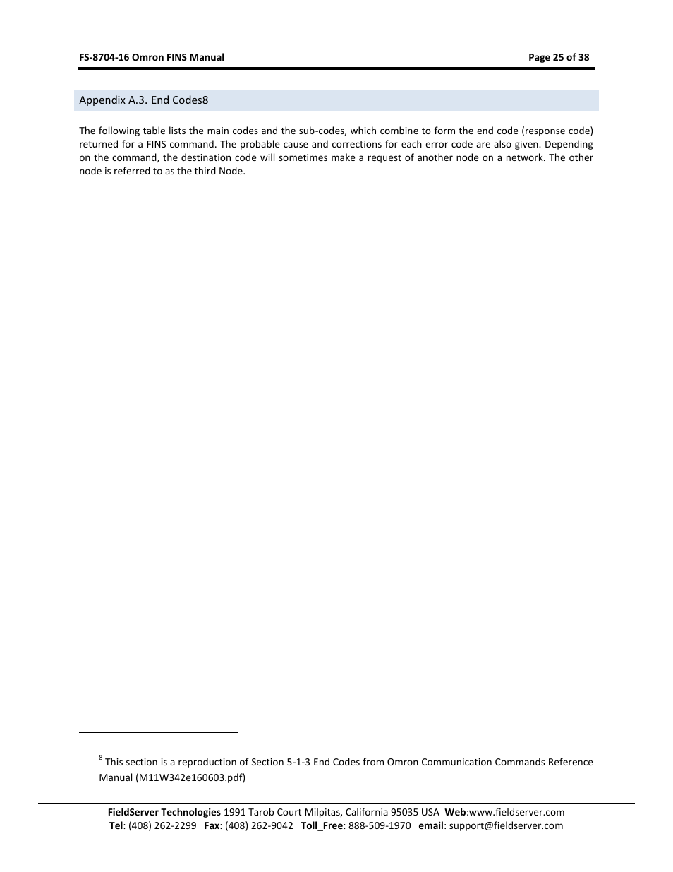 Appendix a.3. end codes | FieldServer Omron FINS FS-8704-16 User Manual | Page 25 / 38
