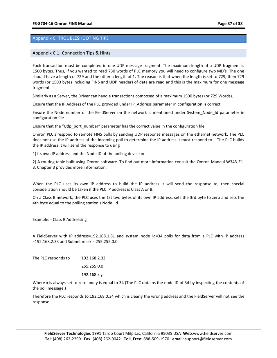 Appendix c. troubleshooting tips, Appendix c.1. connection tips & hints | FieldServer Omron FINS FS-8704-16 User Manual | Page 37 / 38