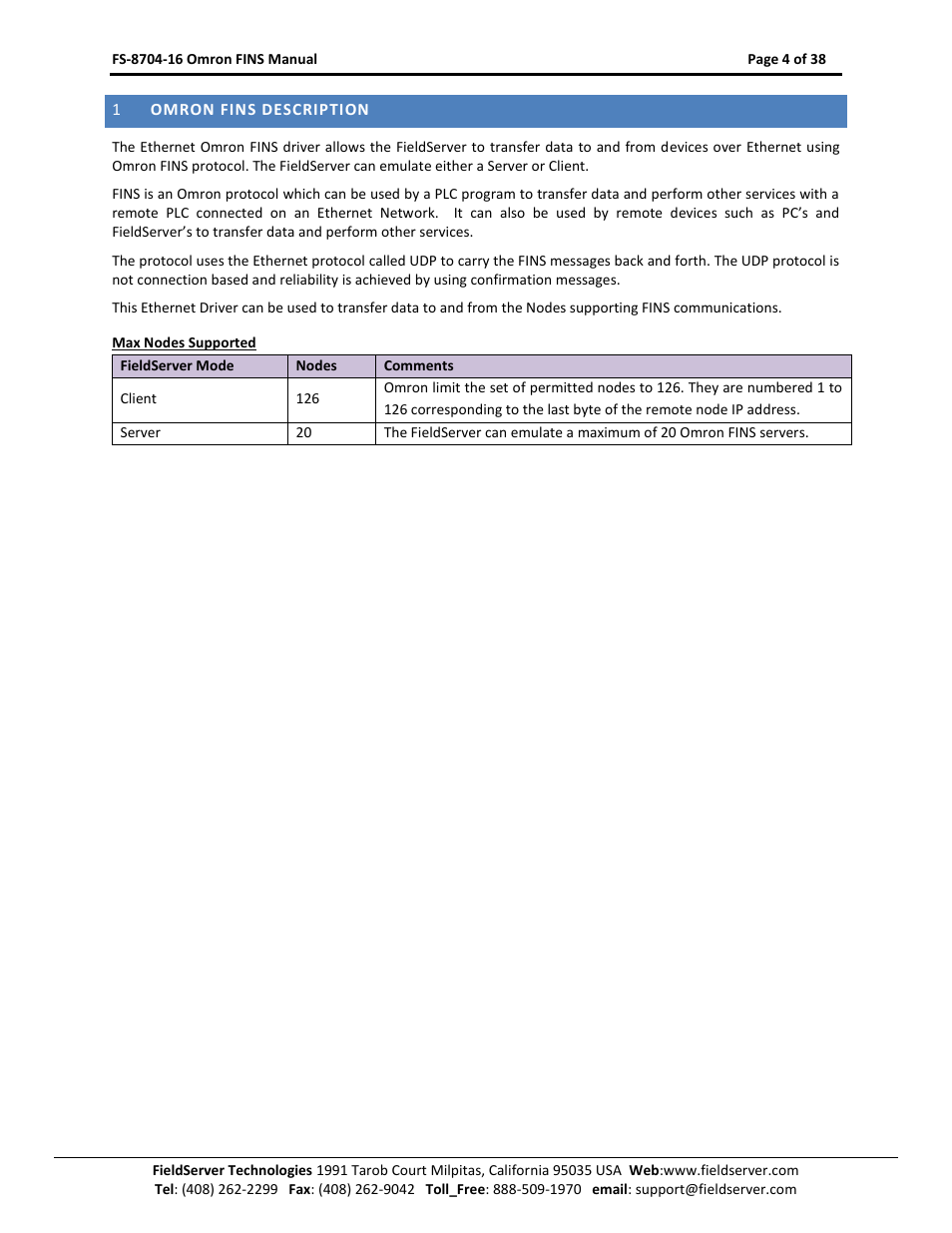 Omron fins description | FieldServer Omron FINS FS-8704-16 User Manual | Page 4 / 38