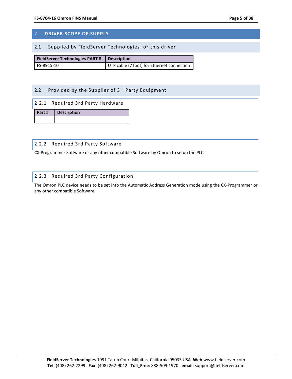 Driver scope of supply, Provided by the supplier of 3, Party equipment | Required 3rd party hardware, Required 3rd party software, Required 3rd party configuration | FieldServer Omron FINS FS-8704-16 User Manual | Page 5 / 38