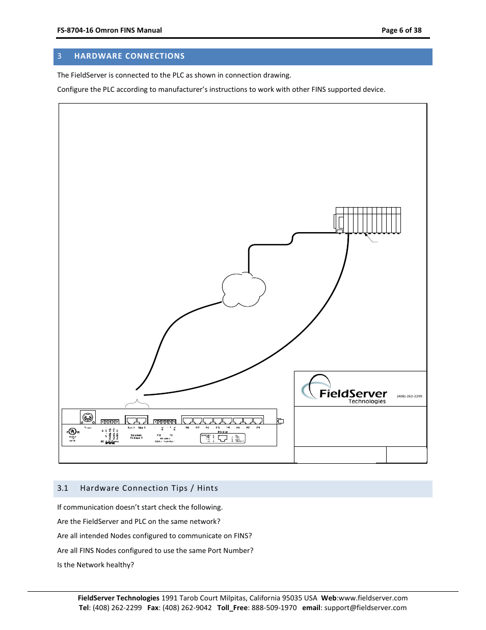 Hardware connections, Hardware connection tips / hints | FieldServer Omron FINS FS-8704-16 User Manual | Page 6 / 38