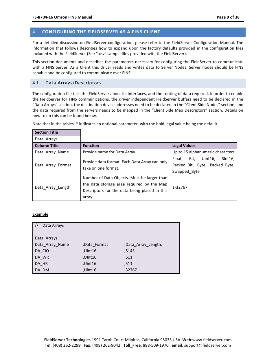 Configuring the fieldserver as a fins client, Data arrays/descriptors | FieldServer Omron FINS FS-8704-16 User Manual | Page 9 / 38