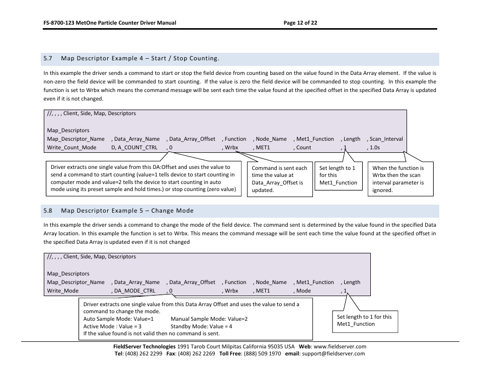 Map descriptor example 4 – start / stop counting, Map descriptor example 5 – change mode | FieldServer A Sierra Monitor Company FS-8700-123 User Manual | Page 12 / 22