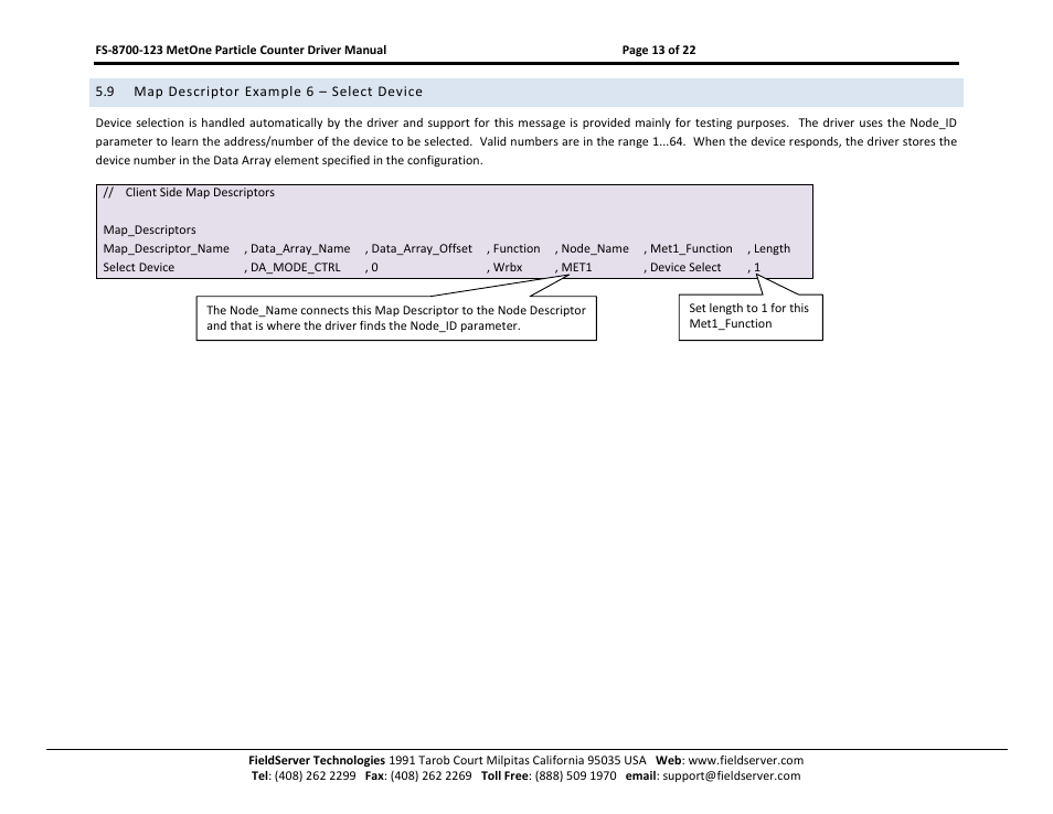 Map descriptor example 6 – select device | FieldServer A Sierra Monitor Company FS-8700-123 User Manual | Page 13 / 22