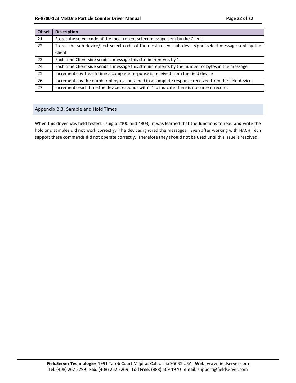 Appendix b.3. sample and hold times, O appendix b.3 | FieldServer A Sierra Monitor Company FS-8700-123 User Manual | Page 22 / 22