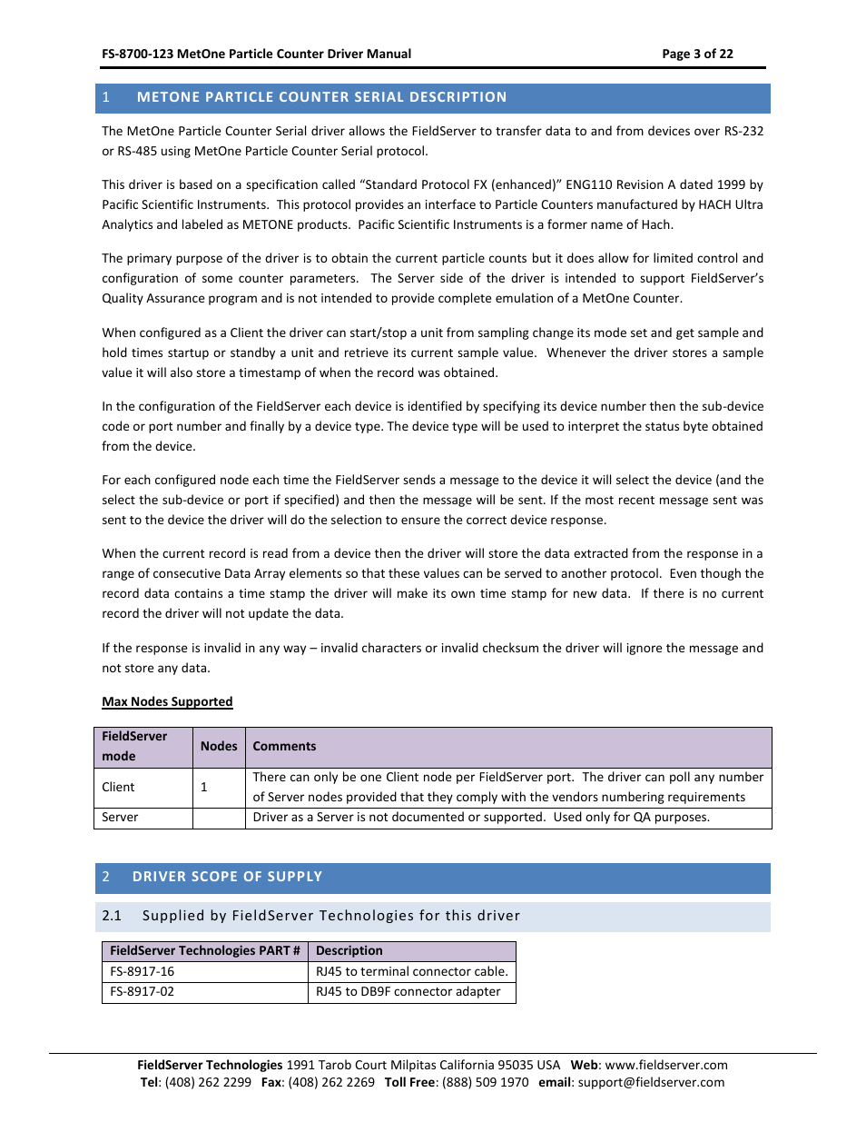 Metone particle counter serial description, Driver scope of supply | FieldServer A Sierra Monitor Company FS-8700-123 User Manual | Page 3 / 22