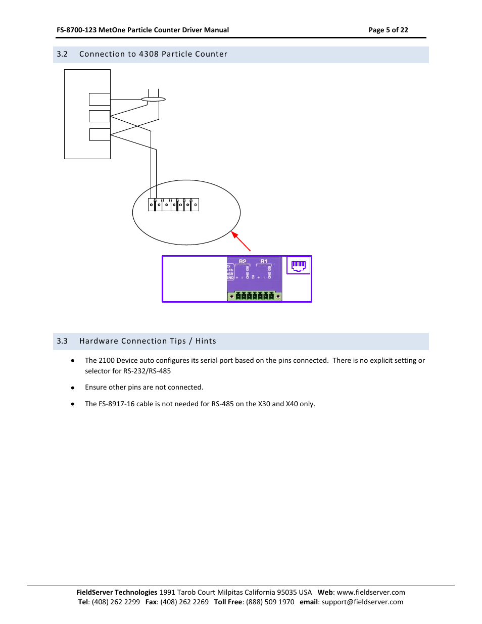 Connection to 4308 particle counter, Hardware connection tips / hints | FieldServer A Sierra Monitor Company FS-8700-123 User Manual | Page 5 / 22