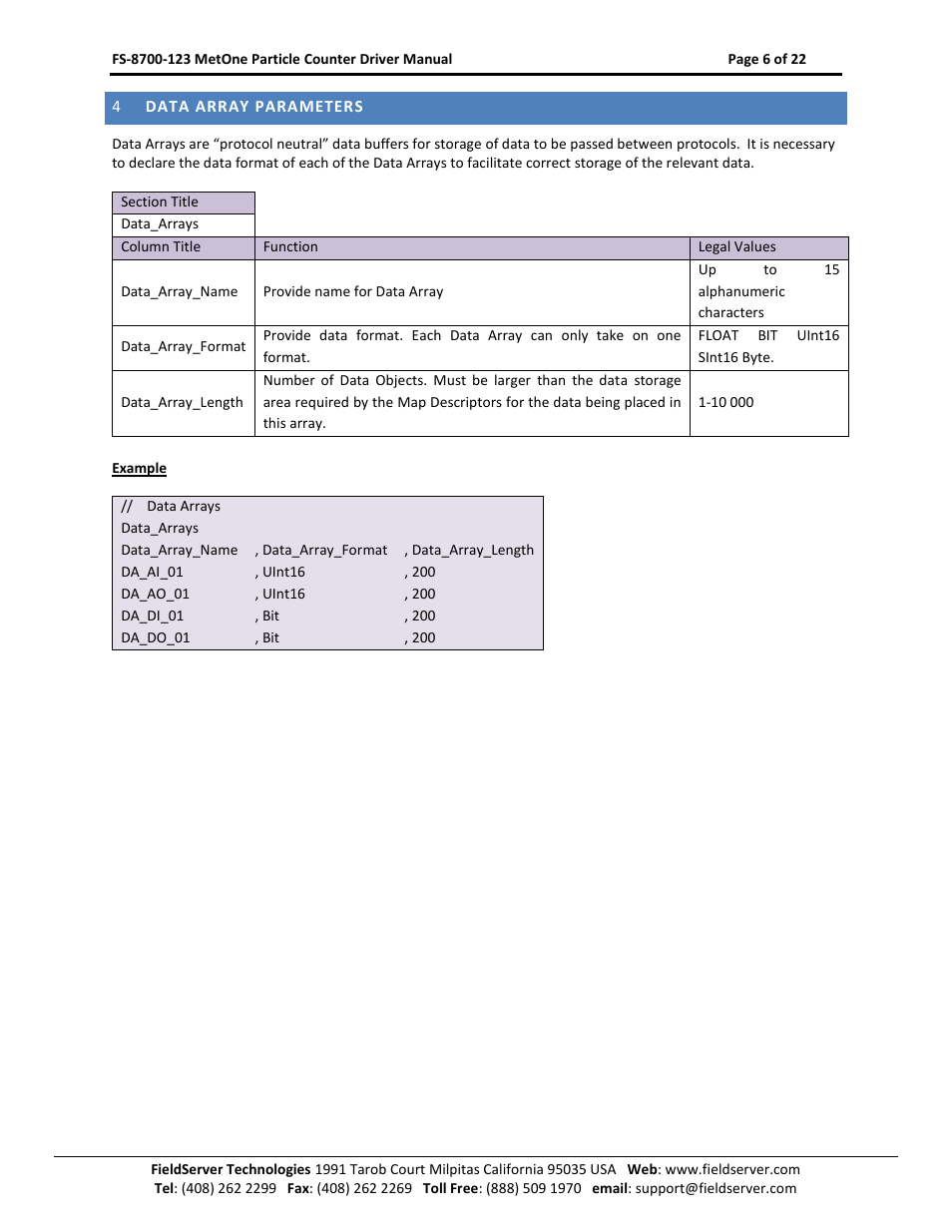 Data array parameters | FieldServer A Sierra Monitor Company FS-8700-123 User Manual | Page 6 / 22