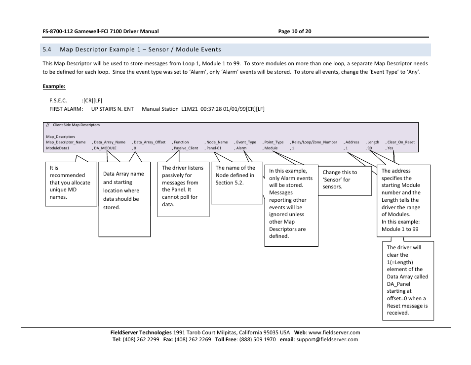 Map descriptor example 1 – sensor / module events | FieldServer FCI 7100 Series User Manual | Page 10 / 20