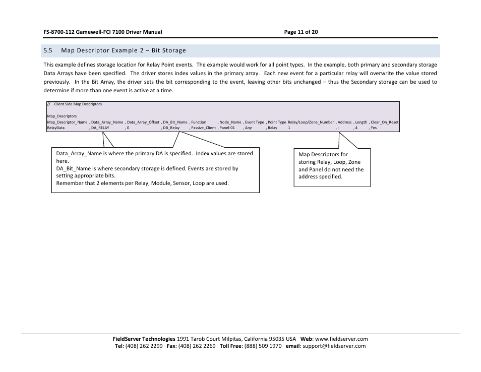 Map descriptor example 2 – bit storage, 5 map descriptor example 2 – bit storage | FieldServer FCI 7100 Series User Manual | Page 11 / 20