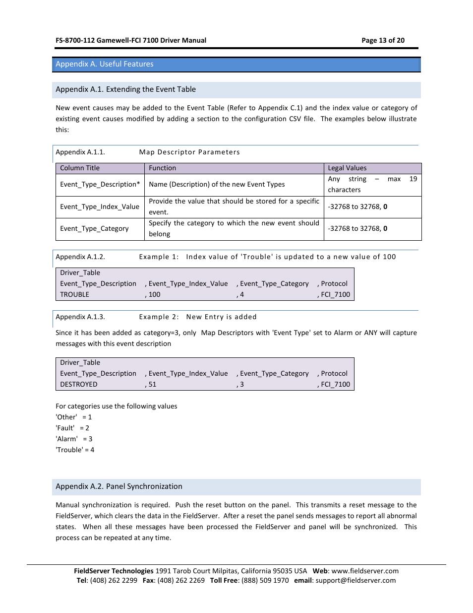 Appendix a. useful features, Appendix a.1. extending the event table, Appendix a.1.1 | Map descriptor parameters, Appendix a.1.2, Appendix a.1.3, Example 2: new entry is added, Appendix a.2. panel synchronization | FieldServer FCI 7100 Series User Manual | Page 13 / 20