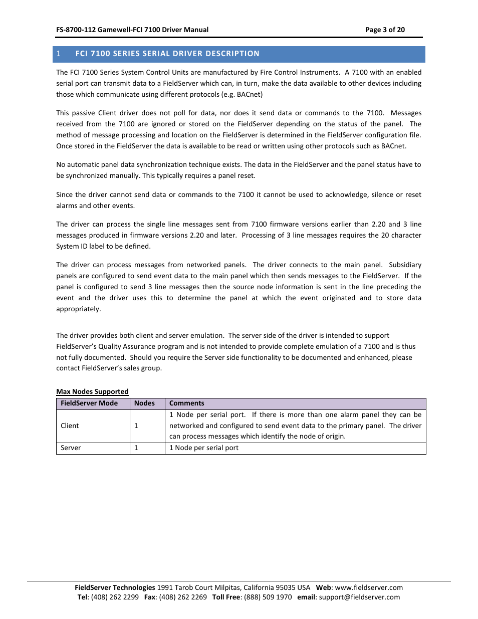 Fci 7100 series serial driver description | FieldServer FCI 7100 Series User Manual | Page 3 / 20