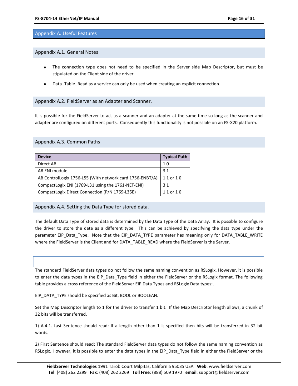 Appendix a. useful features, Appendix a.1. general notes, Appendix a.3. common paths | Appendix a.4.1, Transfer of binary values using eip, Appendix a.4, Appendix a.3 | FieldServer FS-8704-14 User Manual | Page 16 / 31