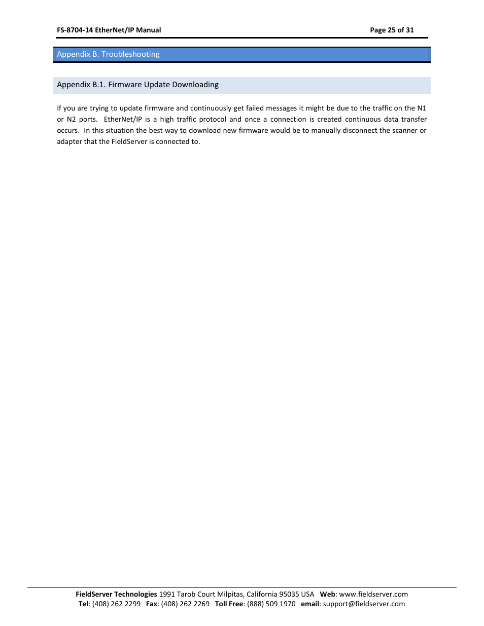 Appendix b. troubleshooting, Appendix b.1. firmware update downloading | FieldServer FS-8704-14 User Manual | Page 25 / 31