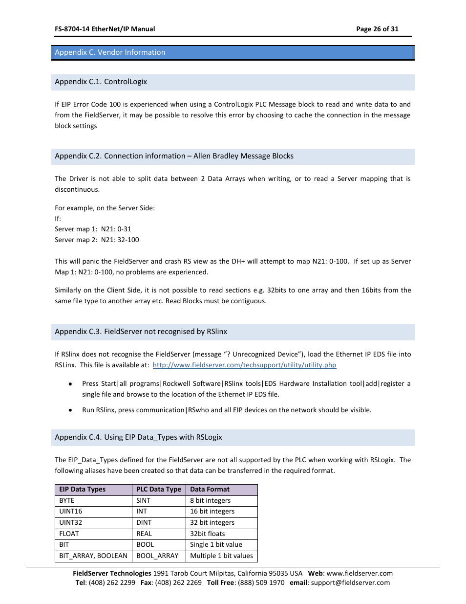 Appendix c. vendor information, Appendix c.1. controllogix, Appendix c.3. fieldserver not recognised by rslinx | Appendix c.4. using eip data_types with rslogix, Appendix c.4 | FieldServer FS-8704-14 User Manual | Page 26 / 31