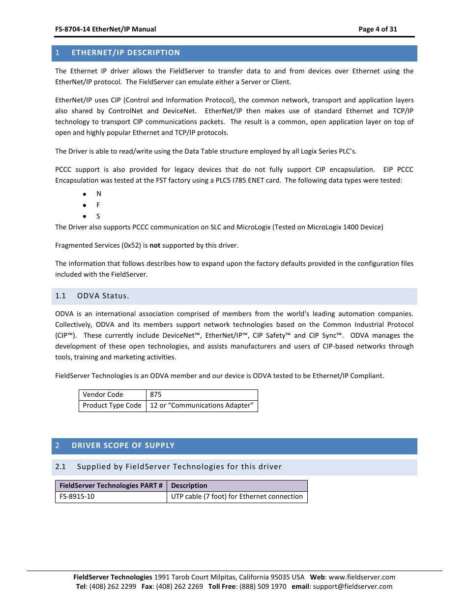 Ethernet/ip description, Odva status, Driver scope of supply | FieldServer FS-8704-14 User Manual | Page 4 / 31