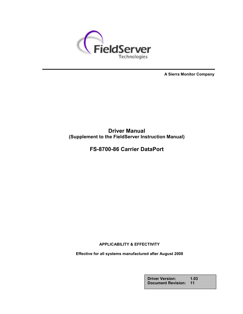 FieldServer Carrier DataPort FS-8700-86 User Manual | 32 pages