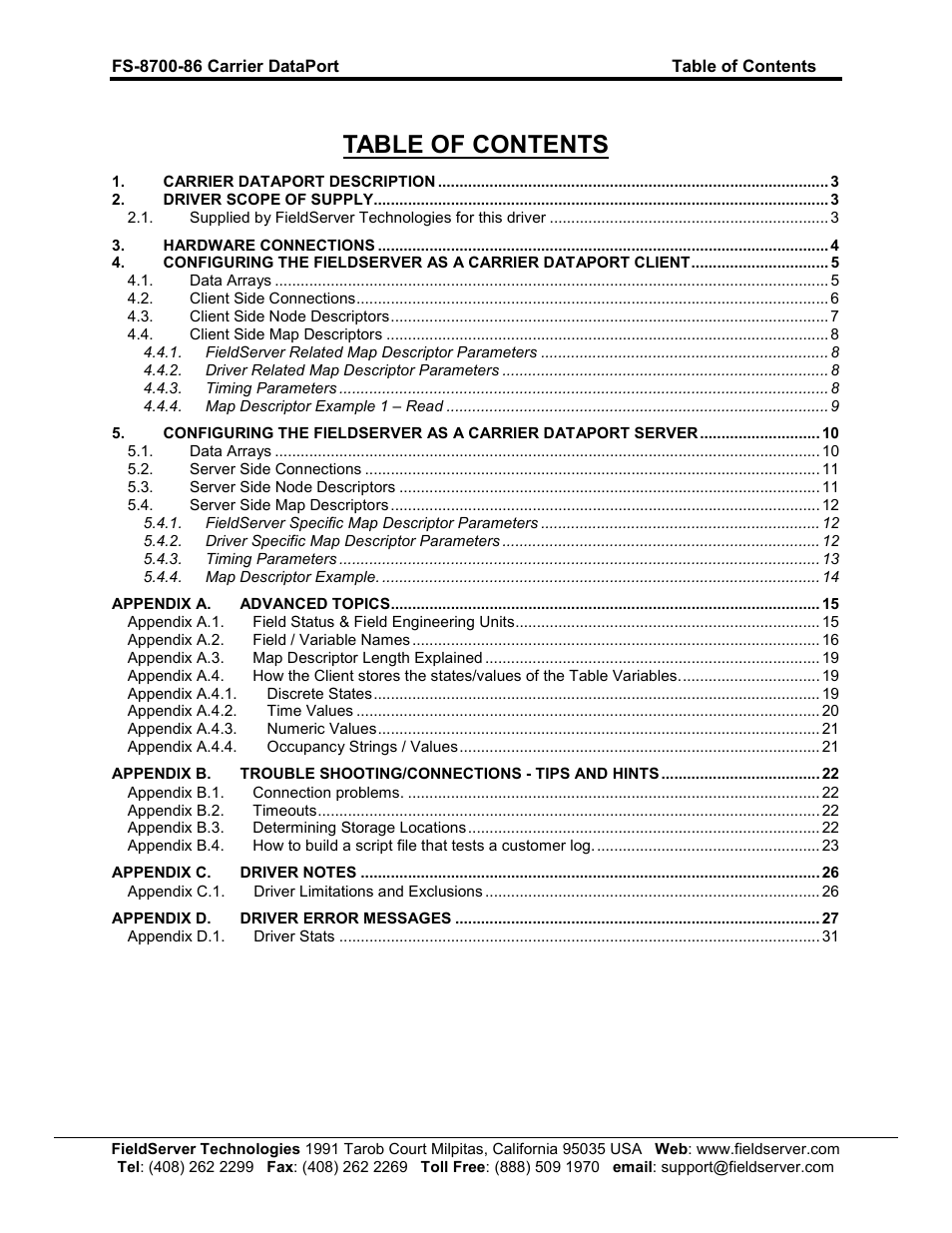 FieldServer Carrier DataPort FS-8700-86 User Manual | Page 2 / 32