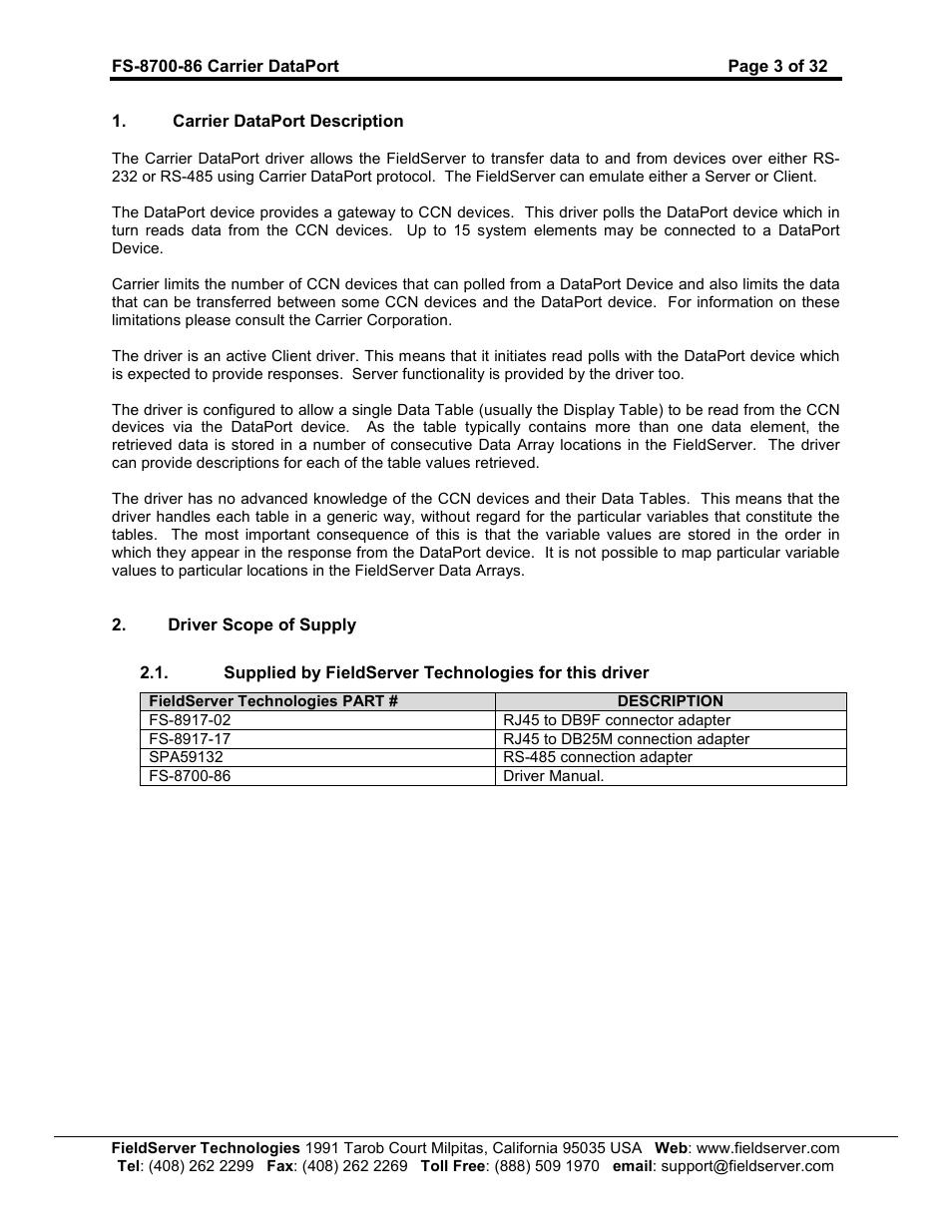 FieldServer Carrier DataPort FS-8700-86 User Manual | Page 3 / 32