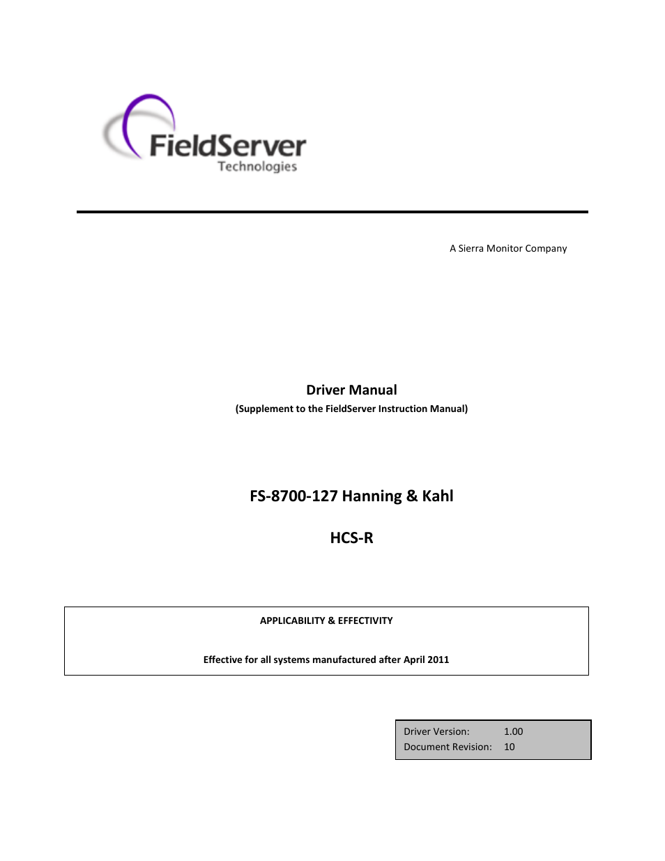 FieldServer Kahl HCS-R User Manual | 17 pages