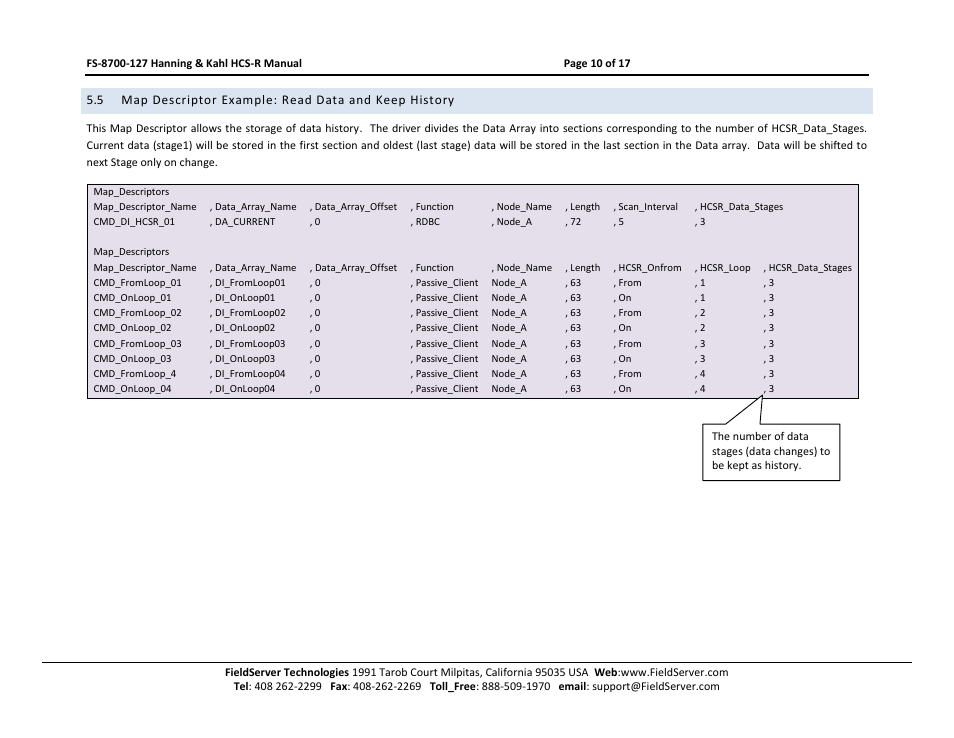Map descriptor example: read data and keep history | FieldServer Kahl HCS-R User Manual | Page 10 / 17