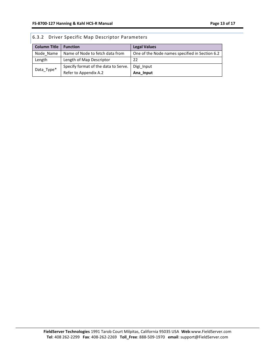 Driver specific map descriptor parameters | FieldServer Kahl HCS-R User Manual | Page 13 / 17