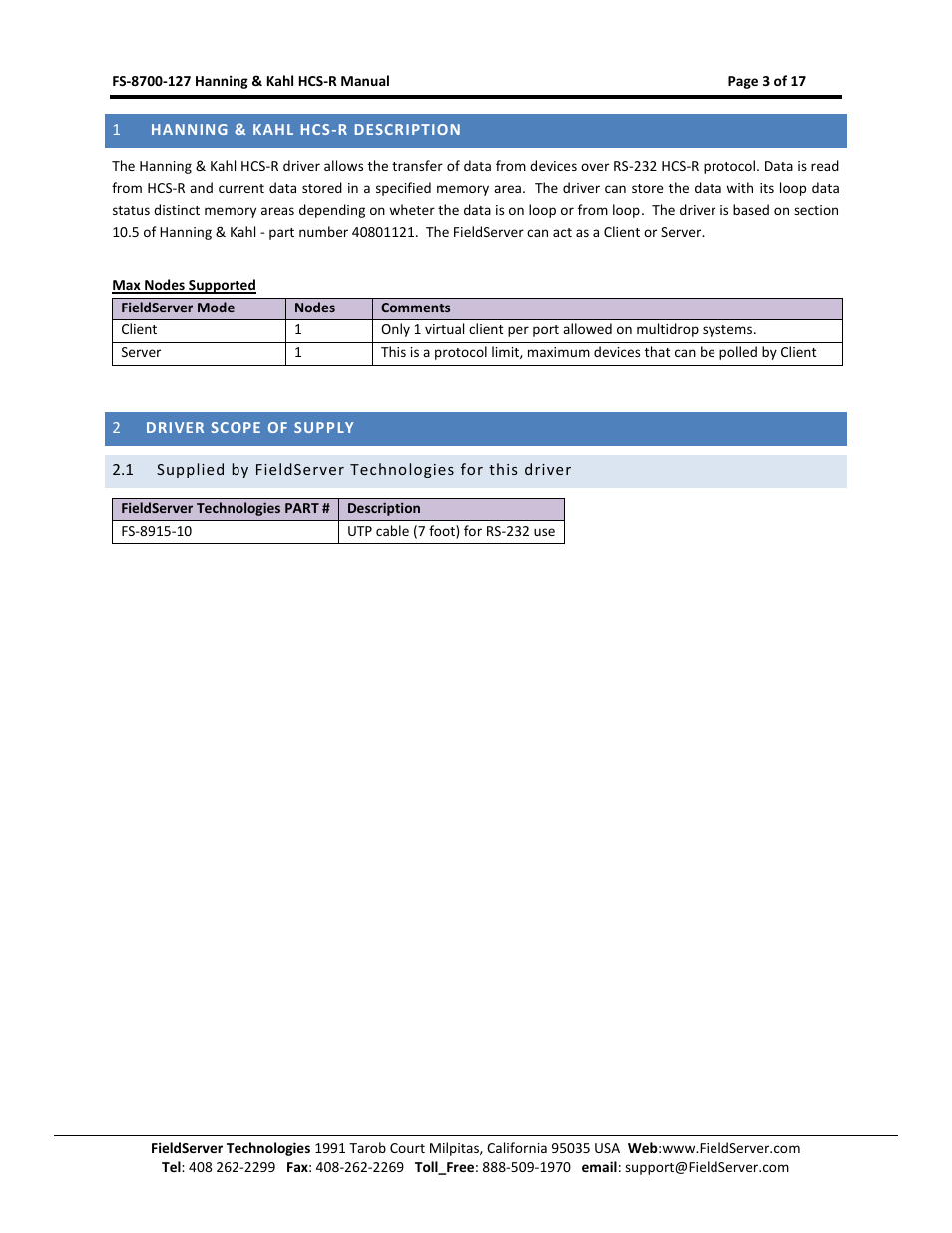 Hanning & kahl hcs-r description, Driver scope of supply | FieldServer Kahl HCS-R User Manual | Page 3 / 17