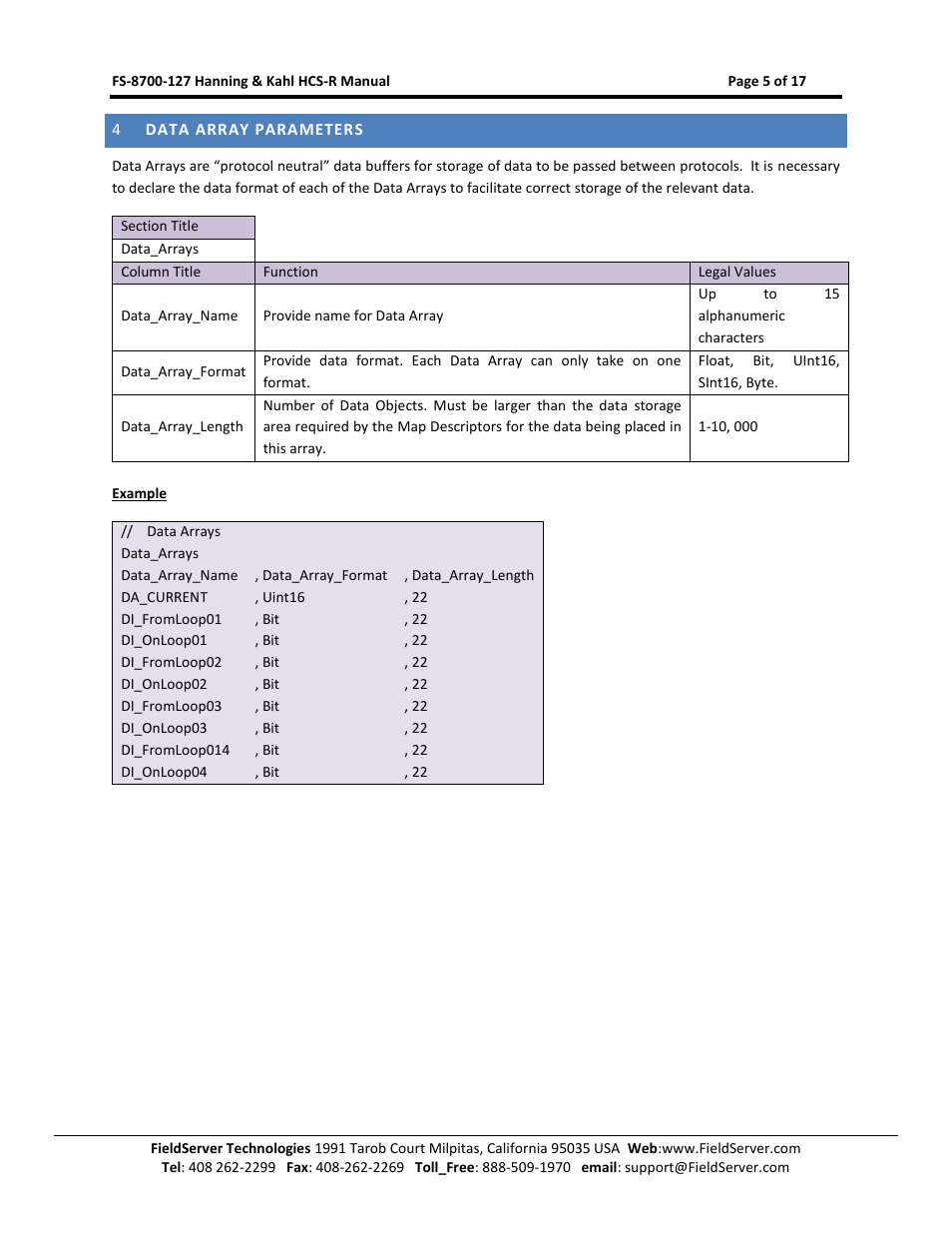 Data array parameters | FieldServer Kahl HCS-R User Manual | Page 5 / 17