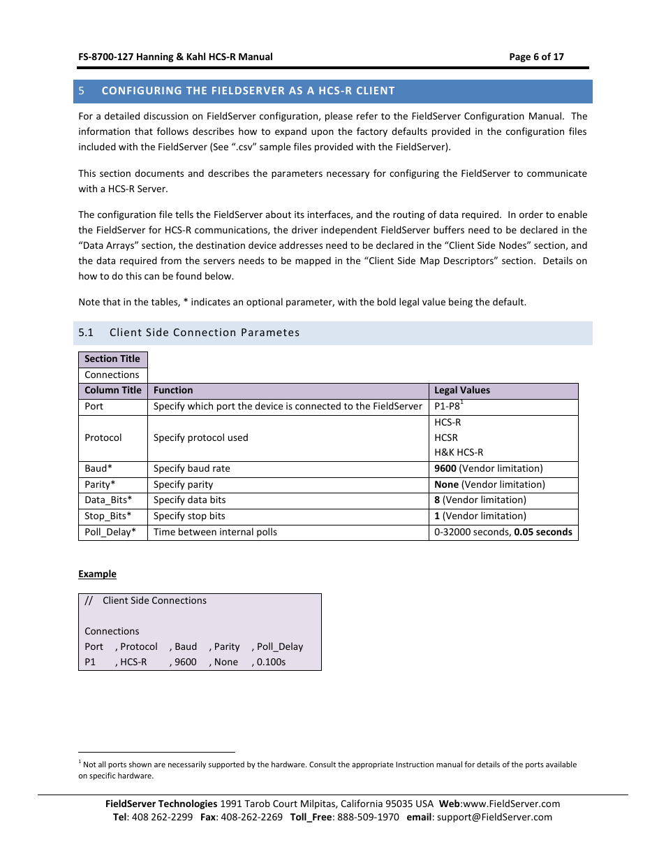Configuring the fieldserver as a hcs-r client, Client side connection parametes | FieldServer Kahl HCS-R User Manual | Page 6 / 17
