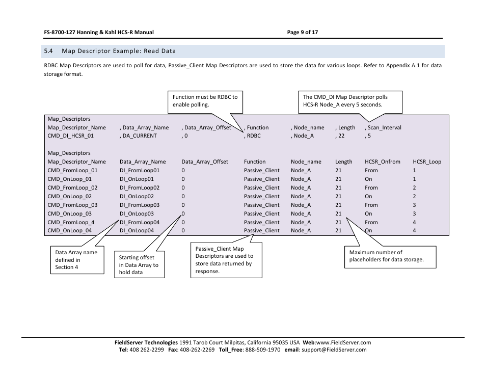 Map descriptor example: read data | FieldServer Kahl HCS-R User Manual | Page 9 / 17