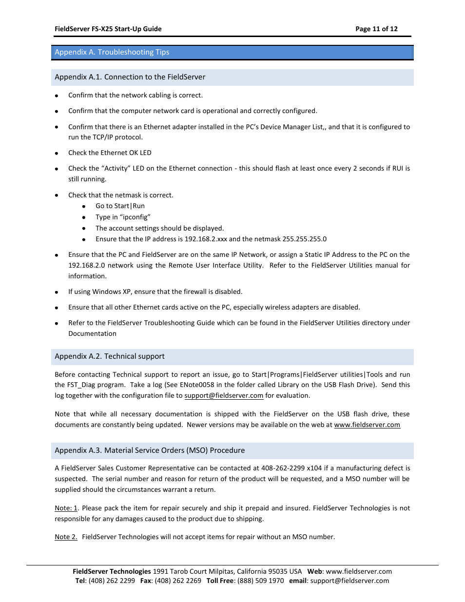 Appendix a. troubleshooting tips, Appendix a.1. connection to the fieldserver, Appendix a.2. technical support | FieldServer X-25 User Manual | Page 11 / 12