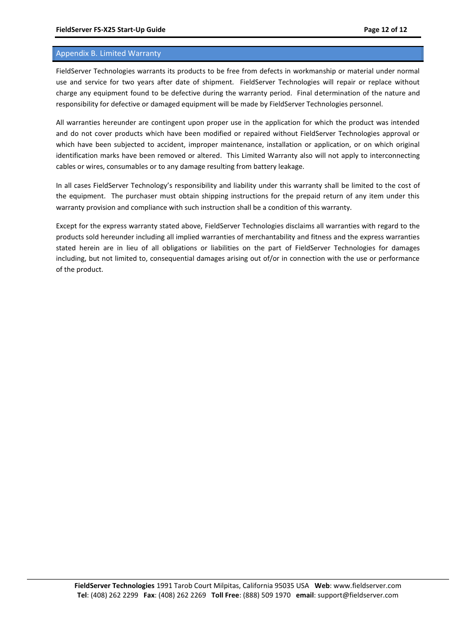 Appendix b. limited warranty | FieldServer X-25 User Manual | Page 12 / 12