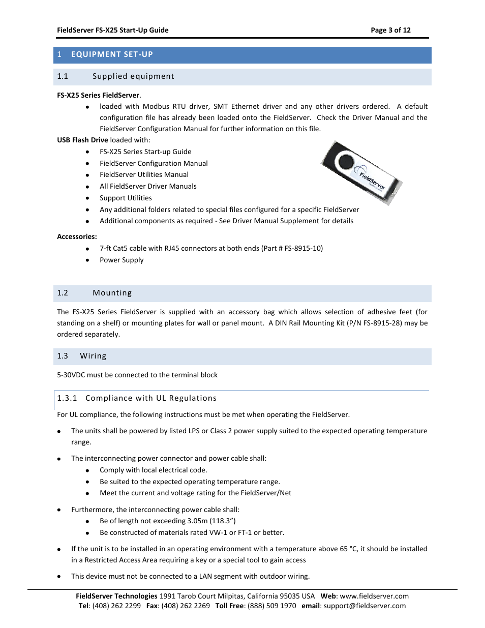Equipment set-up, Supplied equipment, Mounting | Wiring, Compliance with ul regulations | FieldServer X-25 User Manual | Page 3 / 12