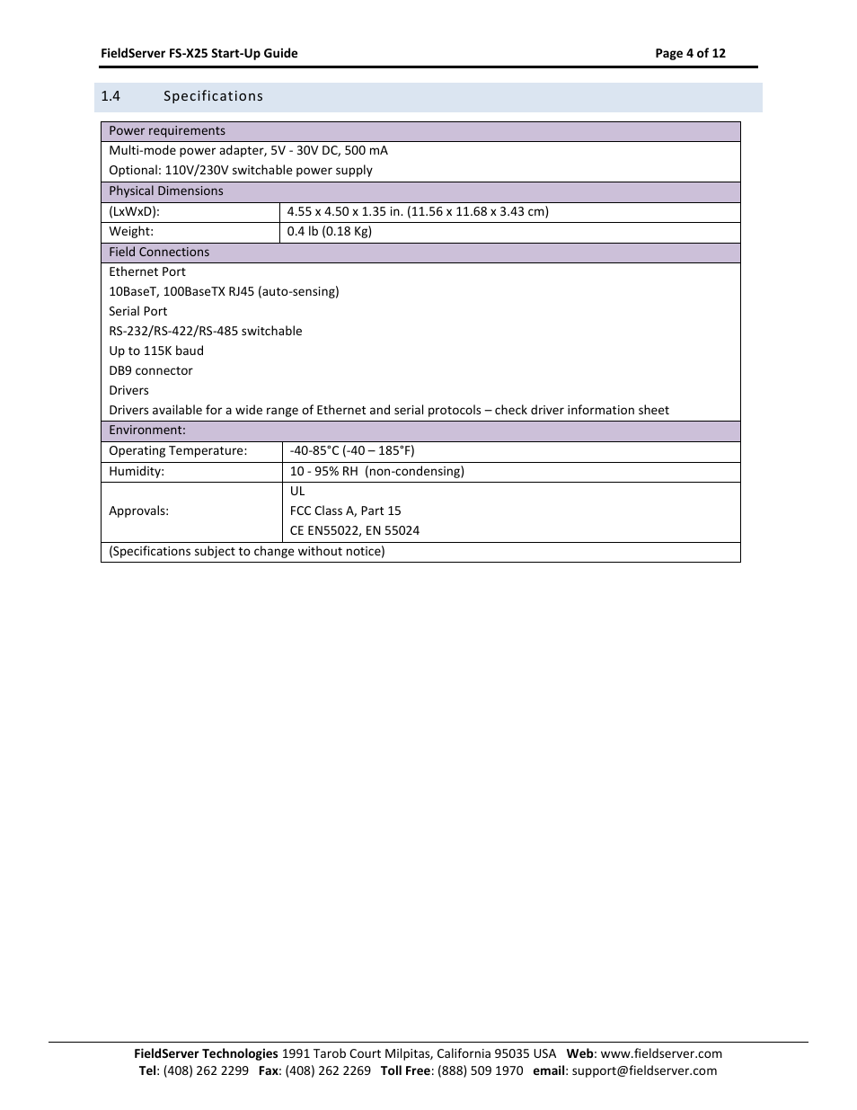 Specifications | FieldServer X-25 User Manual | Page 4 / 12