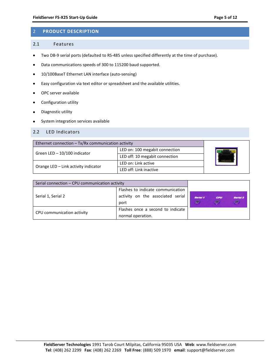 Product description, Features, Led indicators | FieldServer X-25 User Manual | Page 5 / 12