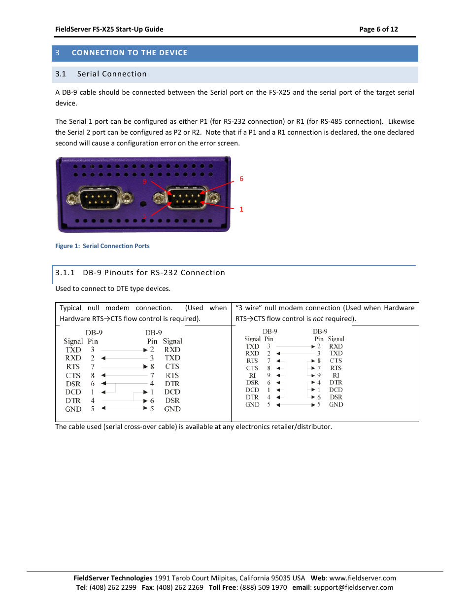 Connection to the device, Serial connection, Db-9 pinouts for rs-232 connection | FieldServer X-25 User Manual | Page 6 / 12