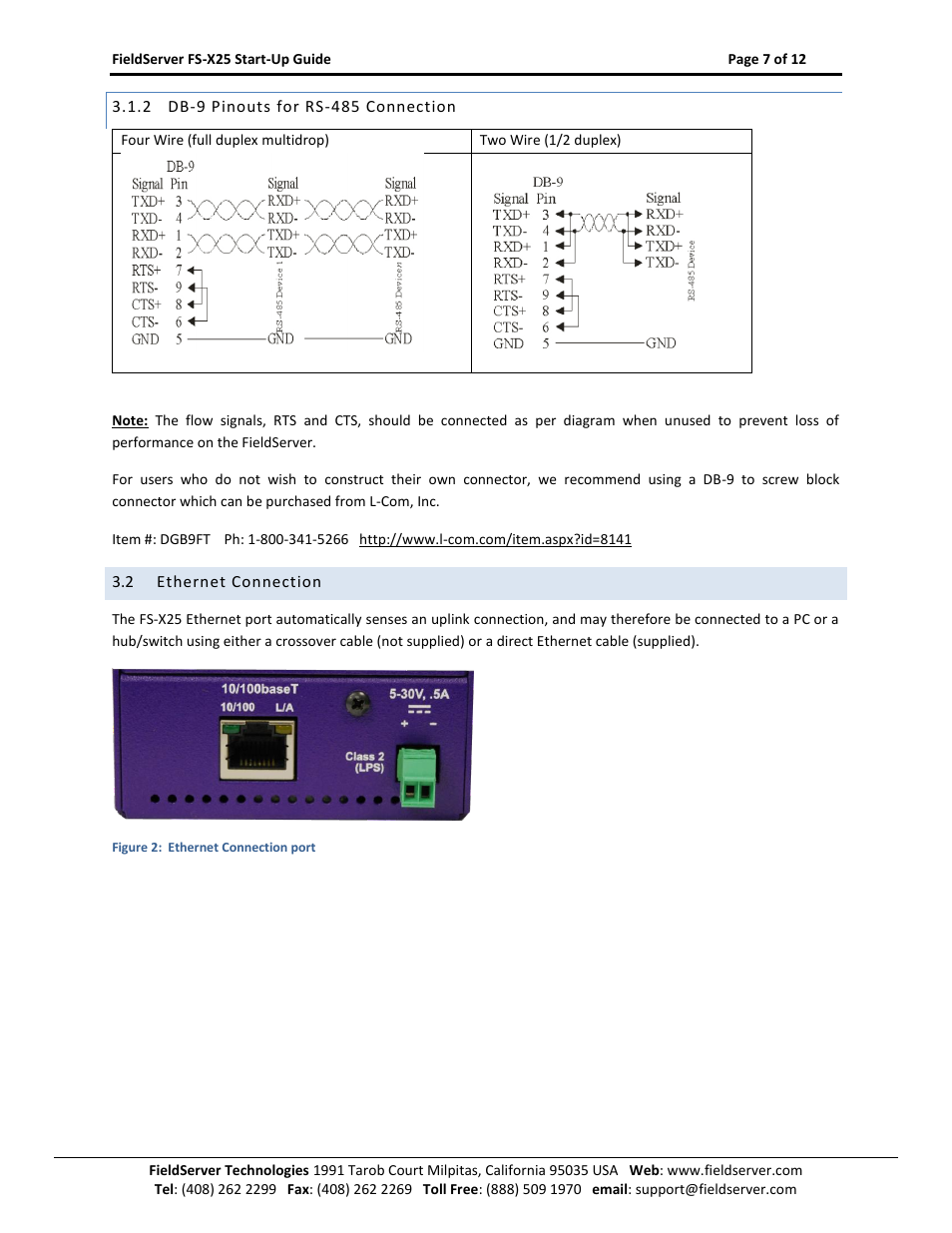 Db-9 pinouts for rs-485 connection, Ethernet connection | FieldServer X-25 User Manual | Page 7 / 12