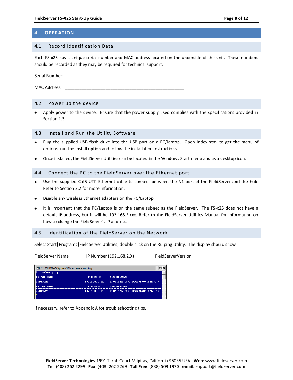 Operation, Record identification data, Power up the device | Install and run the utility software, Identification of the fieldserver on the network | FieldServer X-25 User Manual | Page 8 / 12